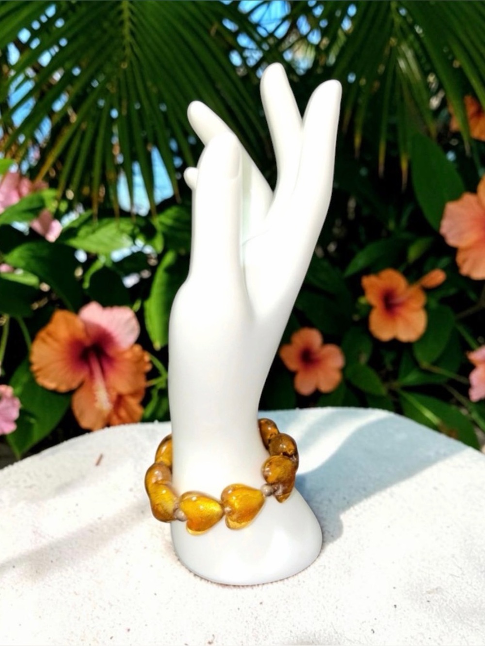 Venetian Murano Amber Foil Heart Glass Bead Bracelet Stretch Fused Chunky 6.5"